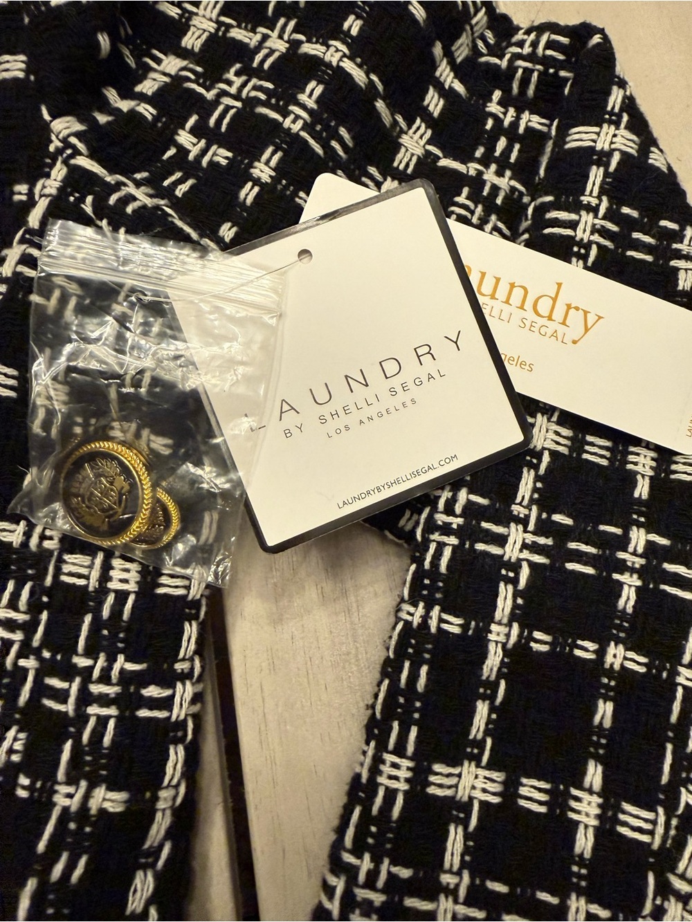 Laundry Shelli Segal Black White Plaid Tweed Blazer Jacket Blanket Stitch Med - Picture 6 of 11